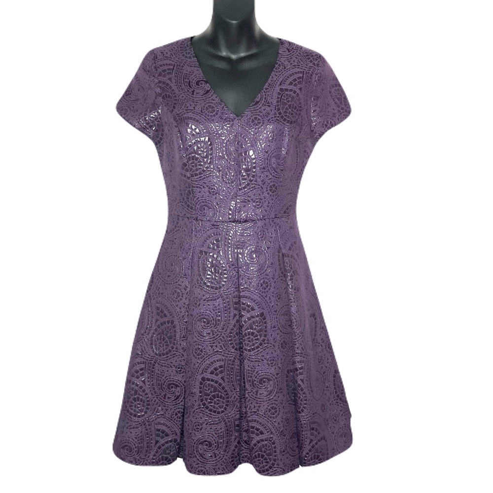 Banana Republic Eggplant Jacquard Fit to Flare Dress with Pleats and Pockets